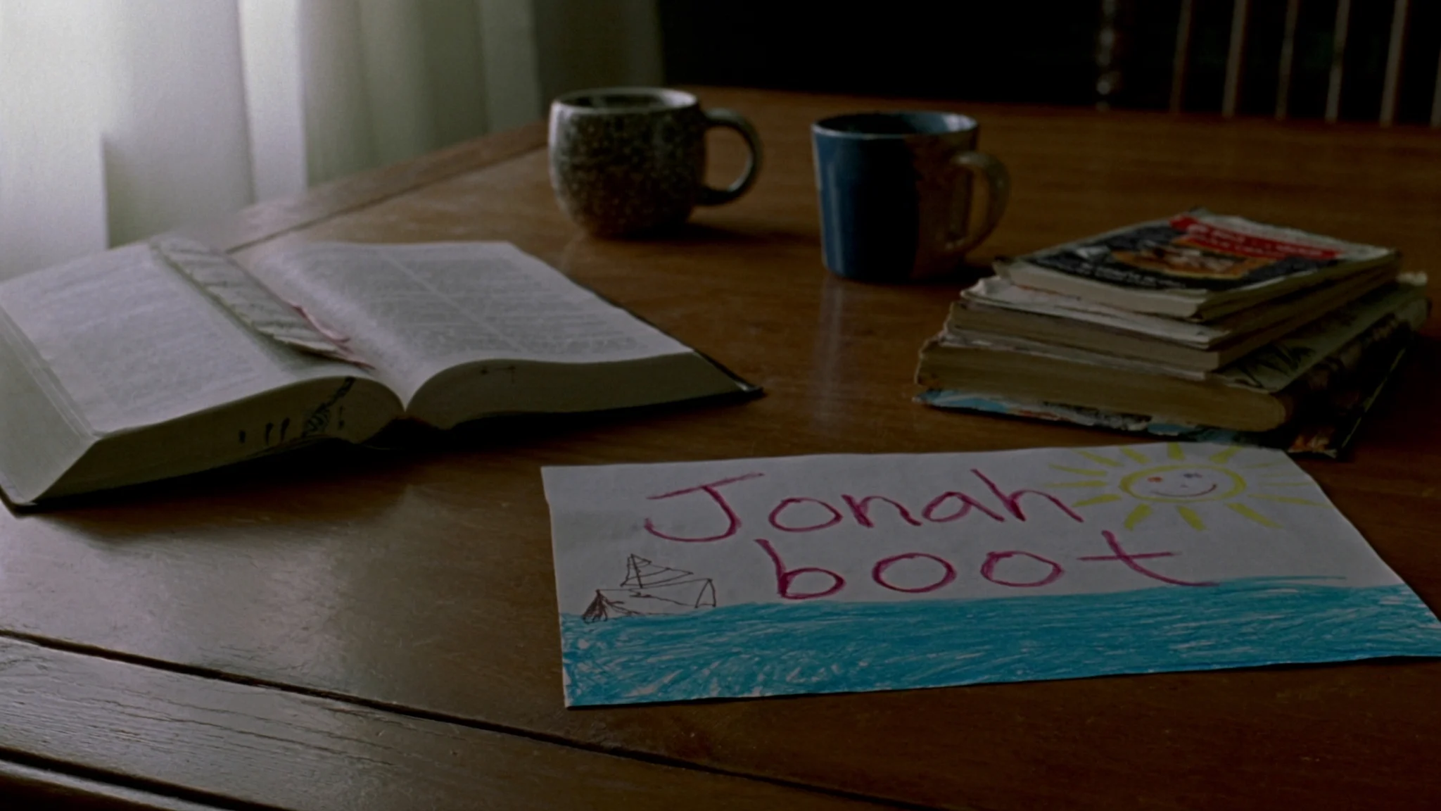 Open family Bible on a farmhouse kitchen table